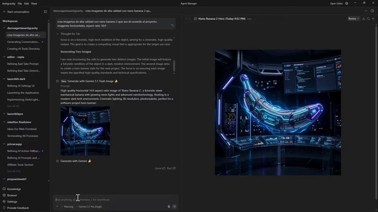 Vista del agente mostrando el prompt y la imagen hero generada de 'Nano Banana 2' en alta calidad, formato horizontal