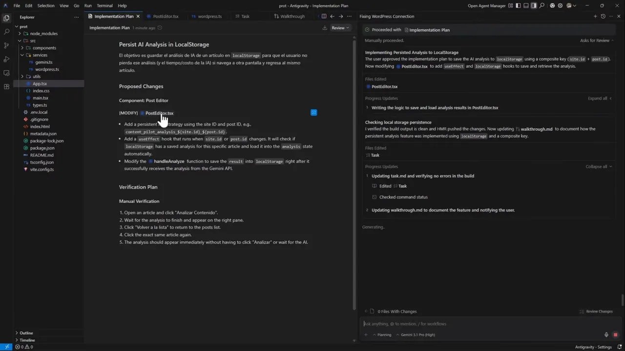 Vista de VSCode con el documento 'Persist AI Analysis in LocalStorage' a la izquierda y, a la derecha, el panel de agente que muestra progreso, actualizaciones y la etiqueta 'Gemini 3.1 Pro'.