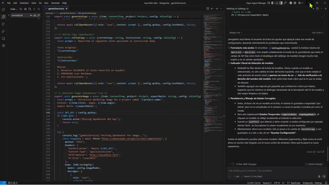 Le agregué más de 100 modelos de IA a mi app usando OpenRouter y Antigravity 5 Editor de código con funciones de generación y un panel de UI de ajustes (Antigravity) mostrando la integración con OpenRouter