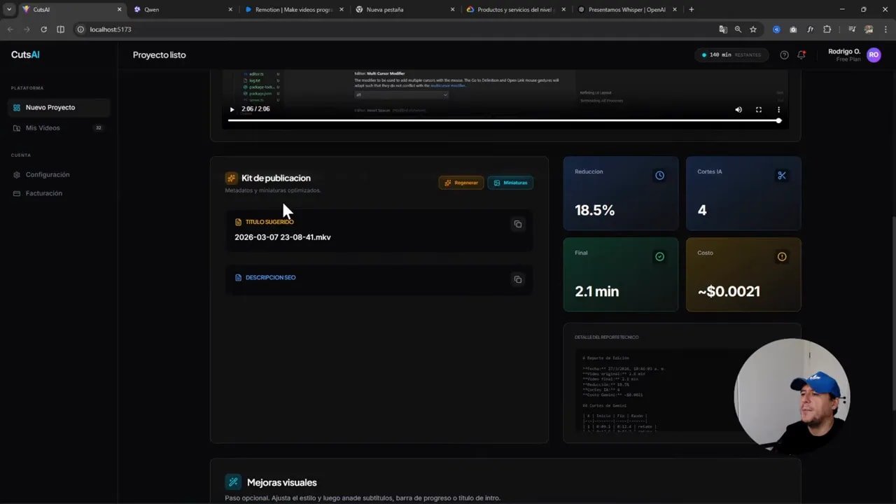 Interfaz del kit de publicación en CutsAI mostrando el título sugerido y la descripción SEO generados automáticamente
