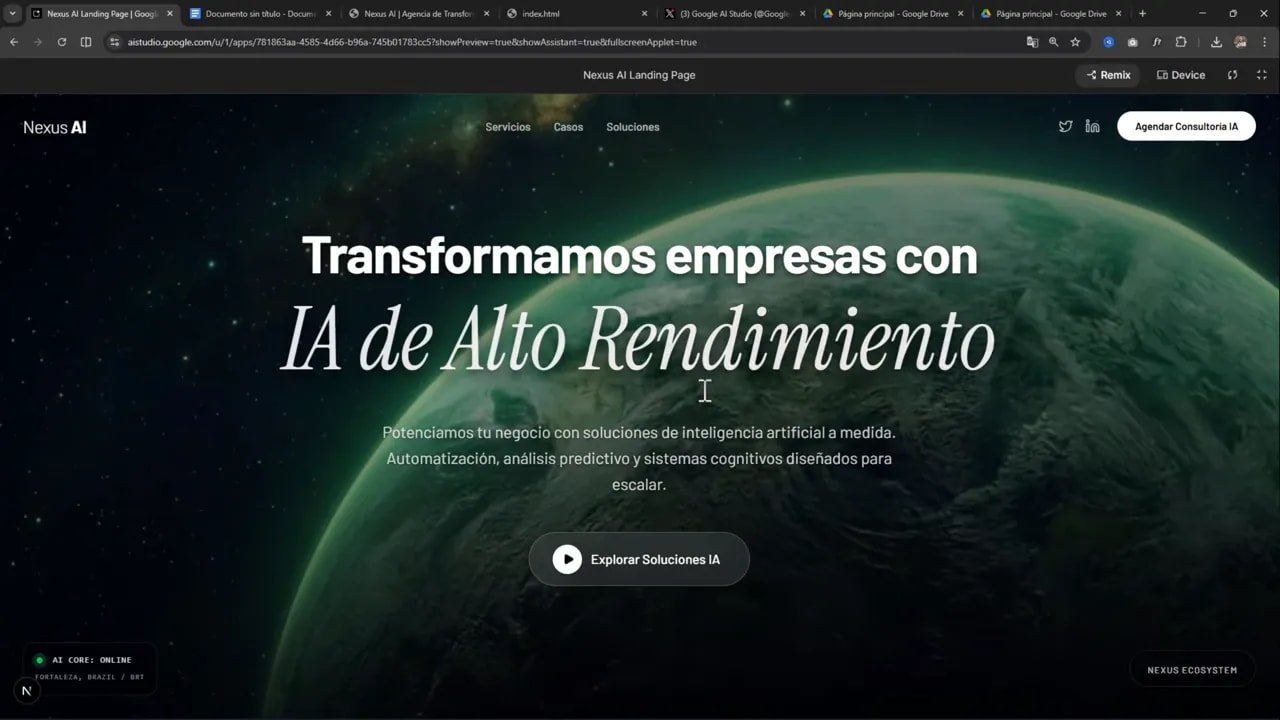 Pantalla completa de la landing Nexus AI con hero y botón “Explorar Soluciones IA”