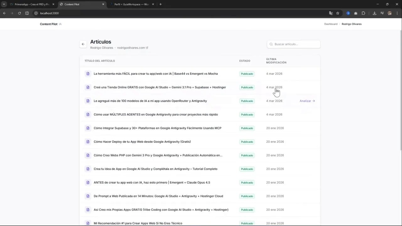 Listado de artículos en la app mostrando títulos, columna de estado 'Publicado', fecha de última modificación y el enlace 'Analizar' a la derecha; cursor sobre una fecha.