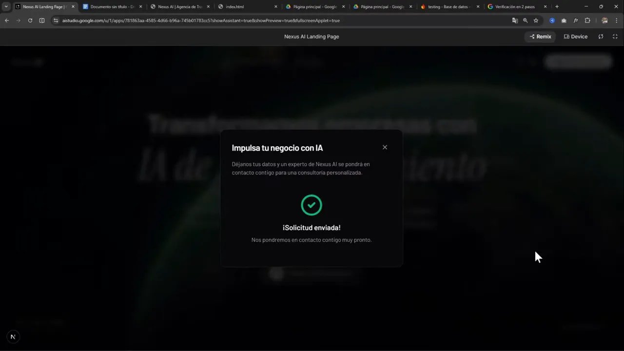 Mensaje de confirmación “¡Solicitud enviada!” después de enviar el formulario de “Impulsa tu negocio con IA”
