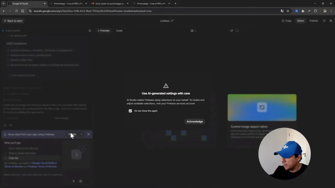 AI Studio ahora integra Firebase automáticamente, creé una app completa en 5 minutos 4 Modal centrado en AI Studio que dice 'Use AI-generated settings with care' con casilla 'Do not show this again' y botón Acknowledge.