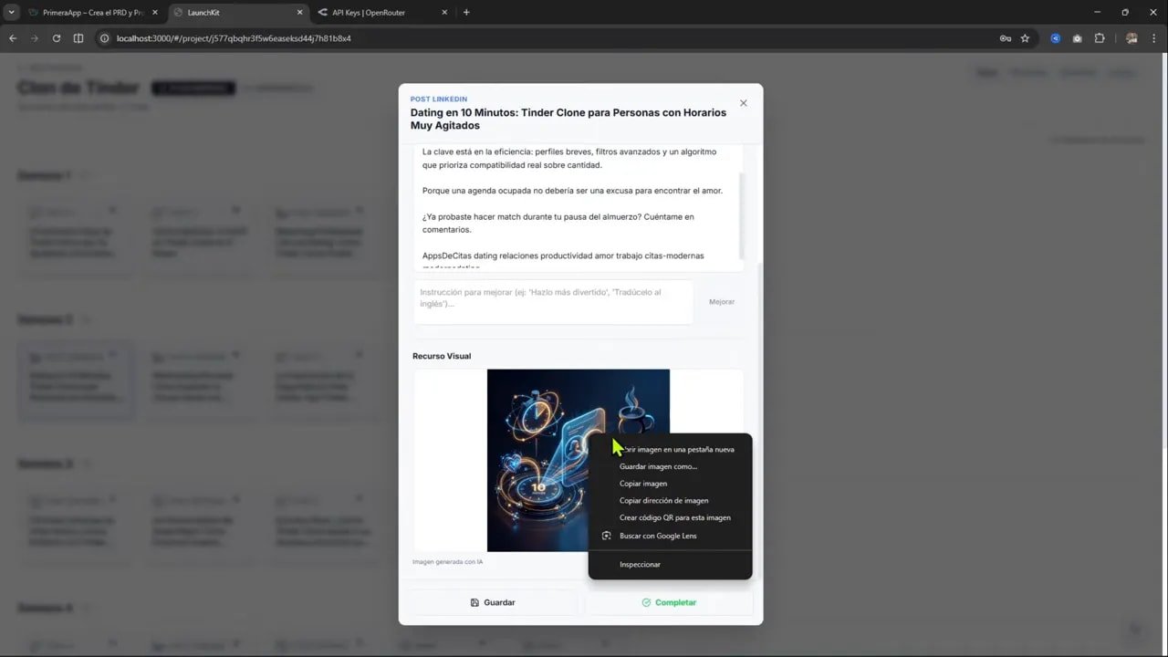 Le agregué más de 100 modelos de IA a mi app usando OpenRouter y Antigravity 4 Modal de vista previa con imagen generada por IA y menú contextual sobre fondo difuminado del tablero