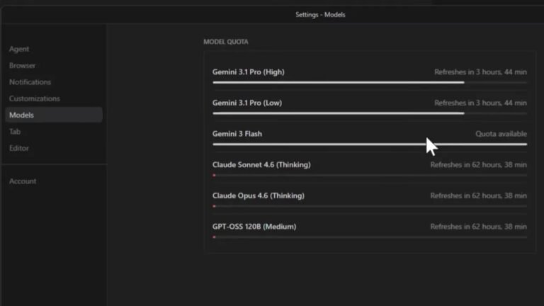 Pantalla de Settings → Models enfocando Gemini 3 Flash y la leyenda 'Quota available' junto a los tiempos de refresco