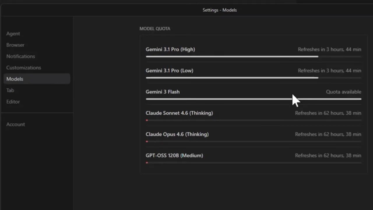 Nadie te dice esto sobre los créditos en Google AntiGravity 1 Pantalla de Settings → Models enfocando Gemini 3 Flash y la leyenda 'Quota available' junto a los tiempos de refresco