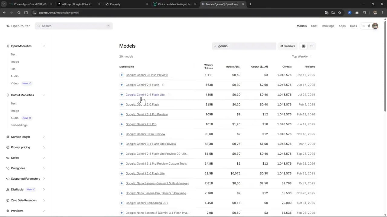 OpenRouter mostrando modelos Gemini con el cursor sobre 'Google: Gemini 2.5 Flash Lite', columnas de precio y contexto visibles
