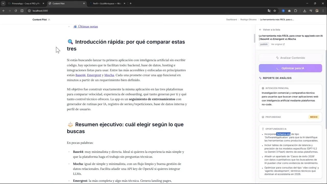 Pantalla de la app mostrando artículo y panel lateral con botón 'Optimizar para IA' y resumen de recomendaciones