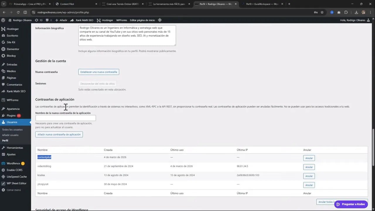Perfil de usuario en WordPress con el formulario y el listado de 'Contraseñas de aplicación' visibles para generar una nueva contraseña.