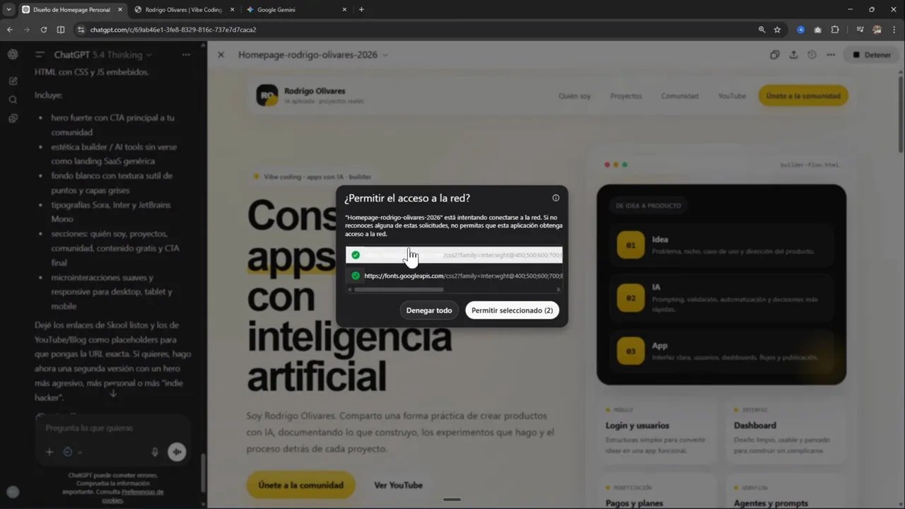 Probé GPT 5.4: por qué sigo usando un modelo más simple 3 Diálogo '¿Permitir el acceso a la red?' mostrando fonts.googleapis.com y botones para denegar o permitir