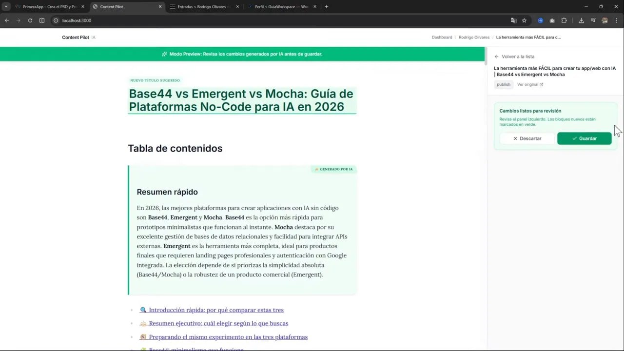 Vista previa del artículo con banner de 'Modo Preview', contenido a la izquierda y panel de 'Cambios listos para revisión' con botones Guardar/Descartar a la derecha.