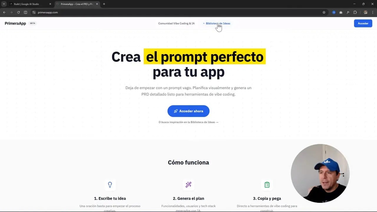 AI Studio ahora integra Firebase automáticamente, creé una app completa en 5 minutos 8 Hero de la web PrimeraApp con el texto destacado 'Crea el prompt perfecto para tu app' y el presentador en un recuadro circular en la esquina inferior derecha.