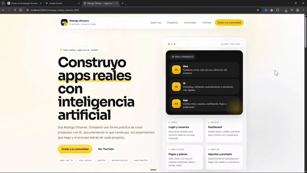 Probé GPT 5.4: por qué sigo usando un modelo más simple 4 Homepage generada abierta en localhost mostrando la cabecera con logo y navegación, y el hero principal con tipografía grande