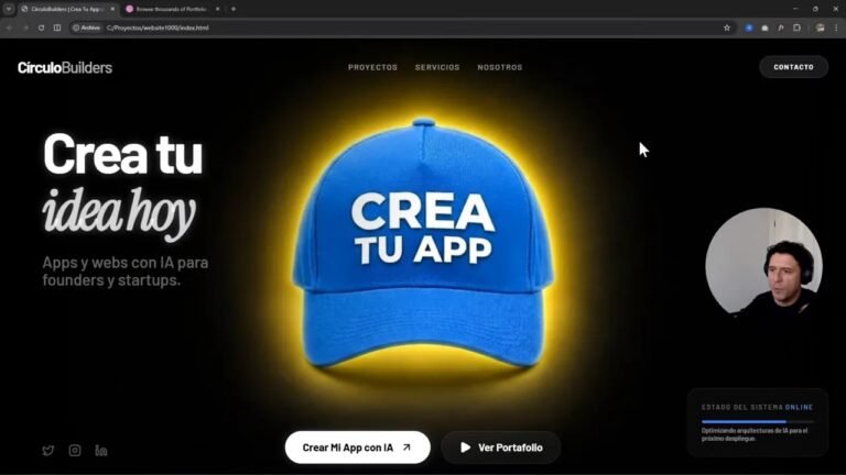 Captura de referencia con gorra azul y texto “CREA TU APP” sobre fondo oscuro