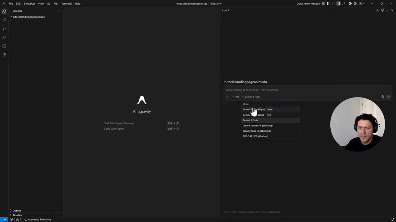 Selección de modelo en Antigravity Agent Manager