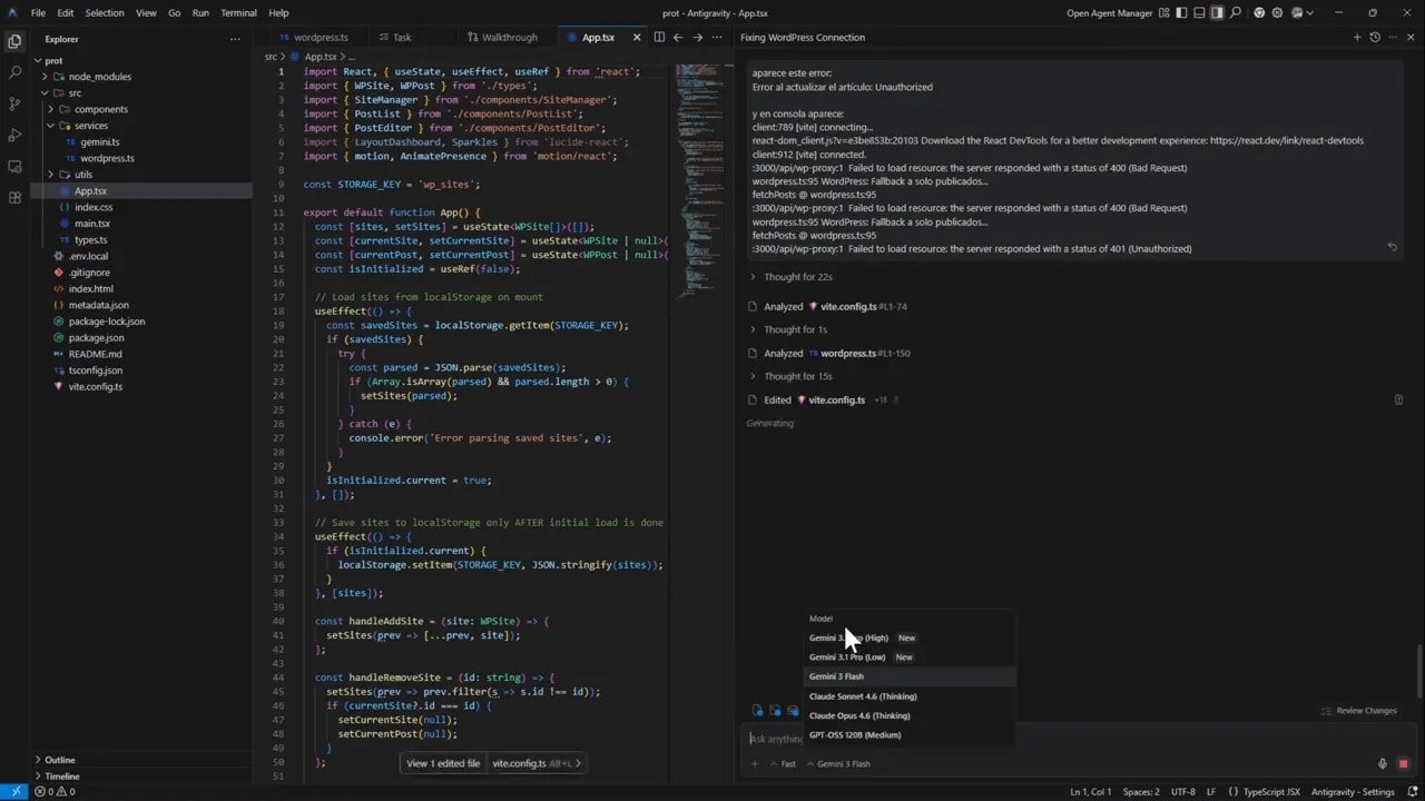 Selector de modelo mostrando opciones como Gemini 3.1 Pro y Gemini Flash junto al editor de código en VSCode.