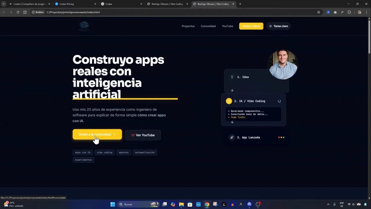 Pantalla del prototipo con tarjetas de pasos mostrando 'Generando componentes...' — ejemplo de agentes autónomos