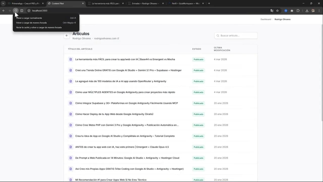 Menú desplegable del botón de recarga en Chrome mostrando 'Volver a cargar normalmente', 'Volver a cargar de manera forzada' y 'Vaciar la caché y volver a cargar de manera forzada'.