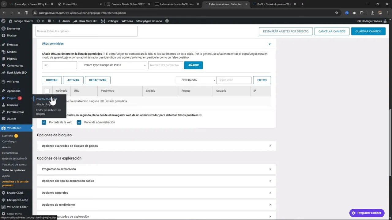 Interfaz de WordPress mostrando las opciones de Wordfence y el menú de plugins
