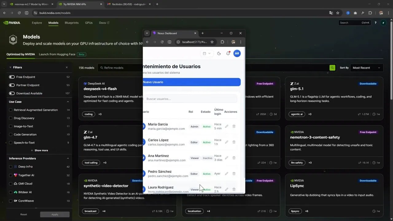Dashboard de mantenimiento de usuarios con tabla visible y acciones