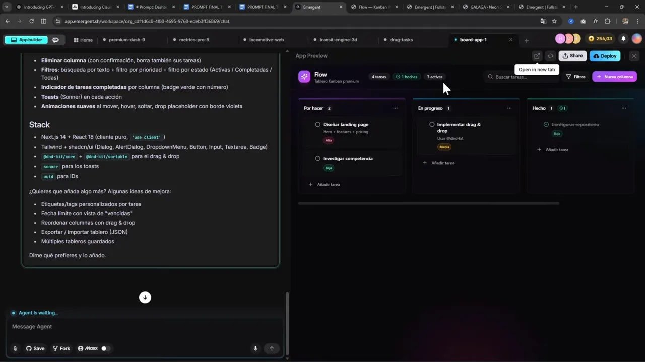 Vista en Emergent del Kanban con panel de preview y stack técnico a la izquierda