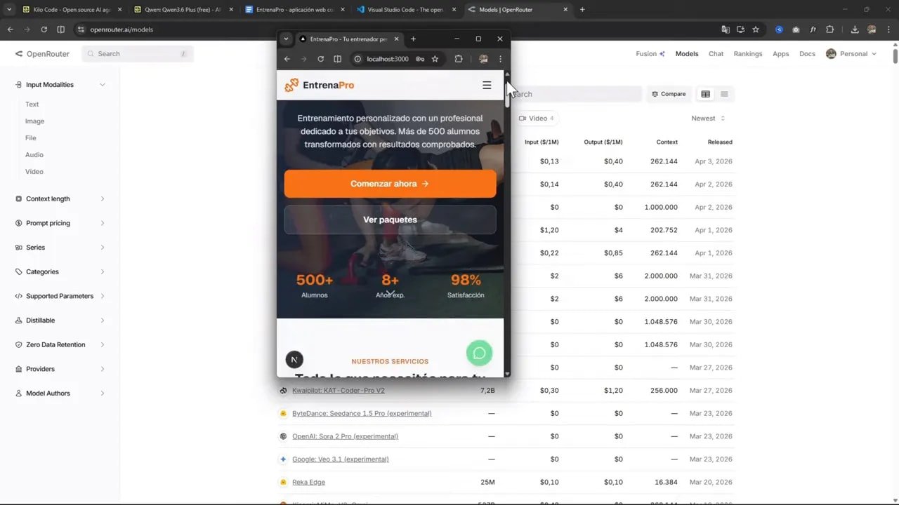 Vista de EntrenaPro en un viewport reducido junto a la interfaz de OpenRouter con modelos y precios
