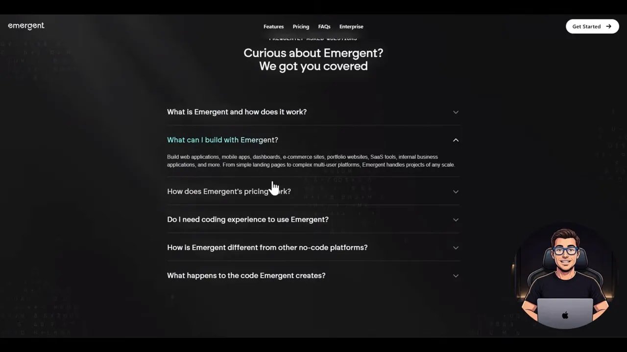 Pantallazo de la FAQ de Emergent con detalles sobre lo que puedes construir