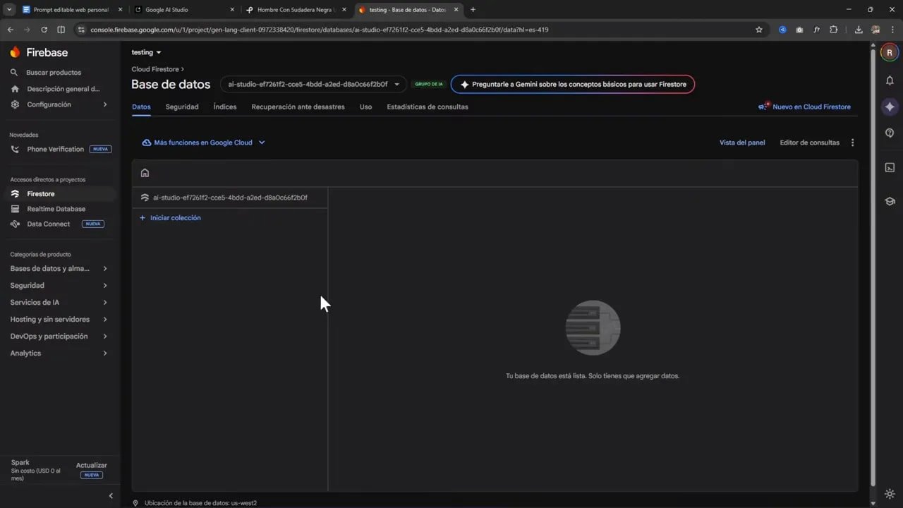 Firebase Console Cloud Firestore mostrando la base de datos para revisar colecciones