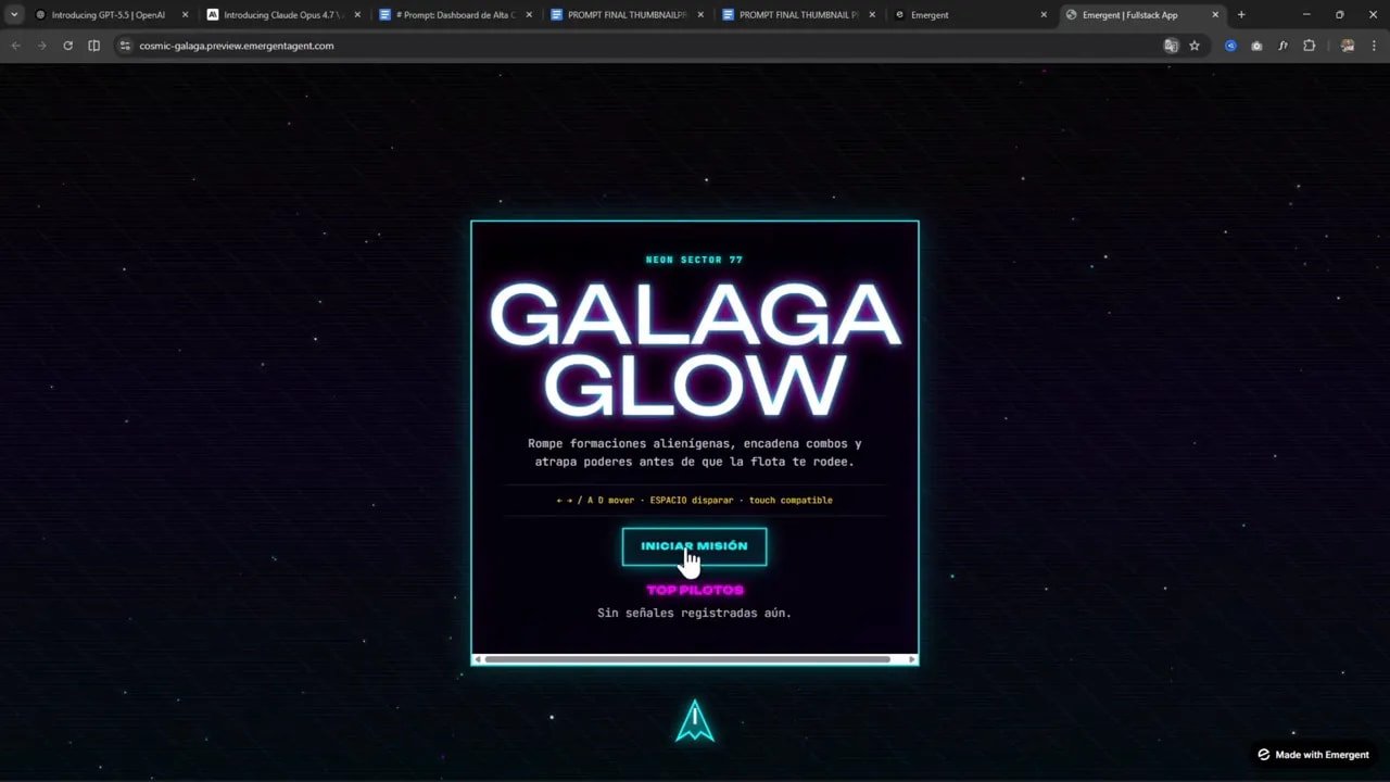 Pantalla de inicio del juego Galaga Glow con estilo neon y botón para iniciar misión