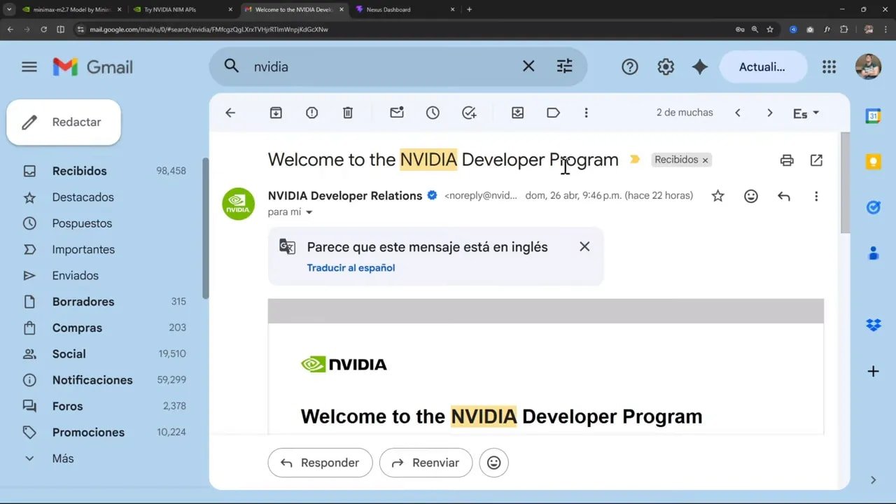 Correo en Gmail con el asunto “Welcome to the NVIDIA Developer Program”