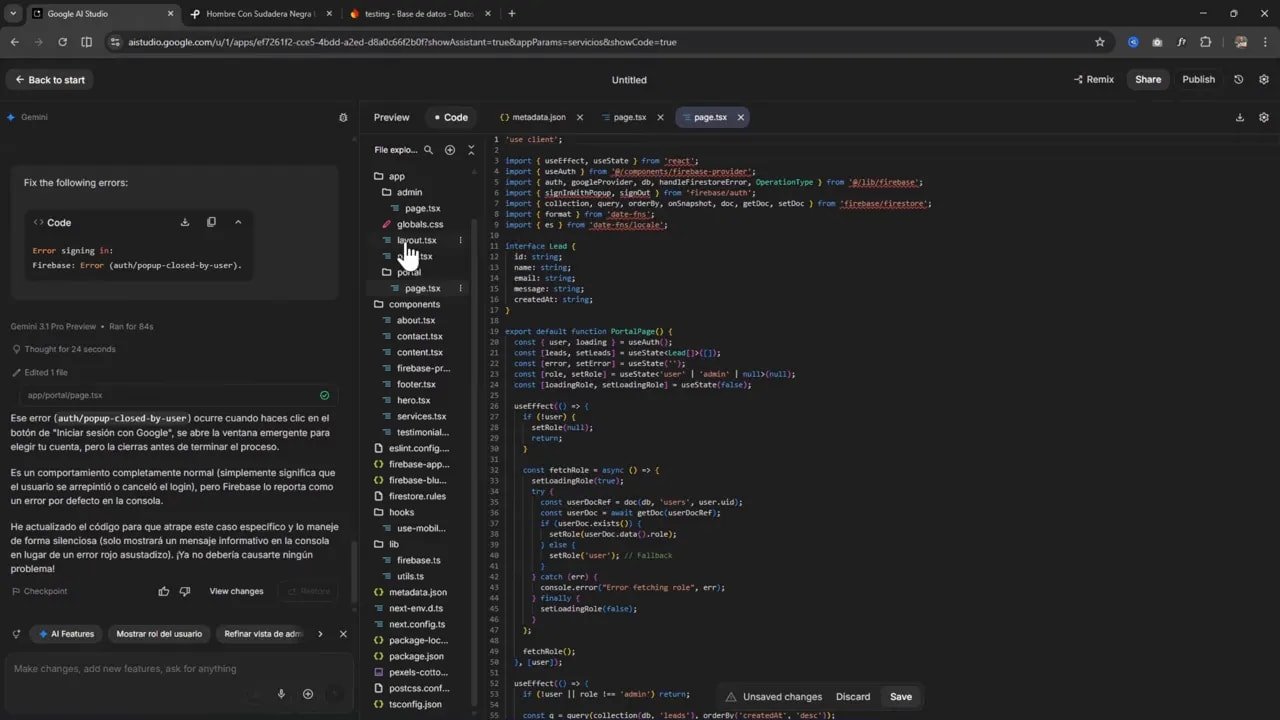 Google AI Studio con el editor de código abierto y la interfaz de configuración del proyecto