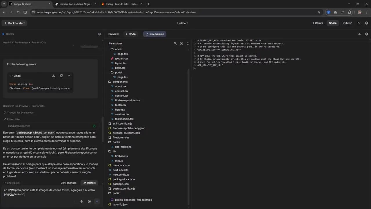 Google AI Studio mostrando el explorador de archivos del proyecto y la imagen ubicada en la carpeta public