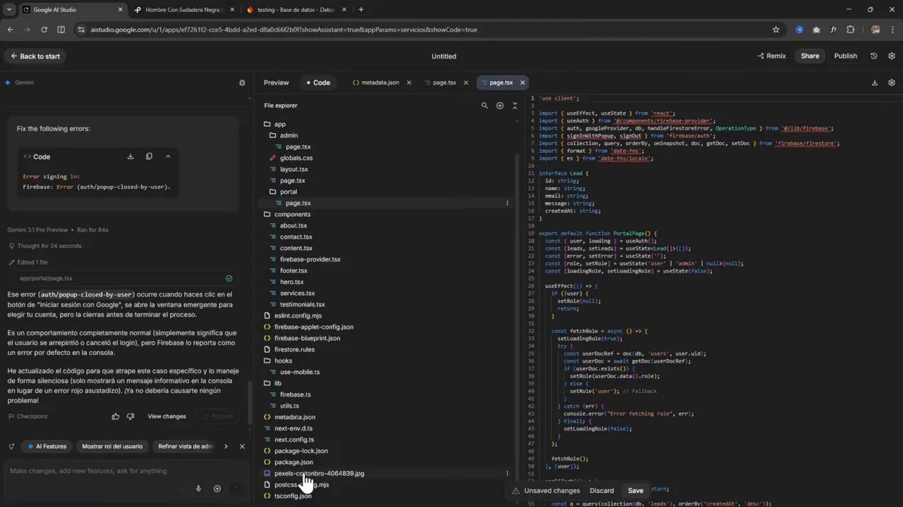 Google AI Studio mostrando el explorador de archivos con una imagen listada en el proyecto