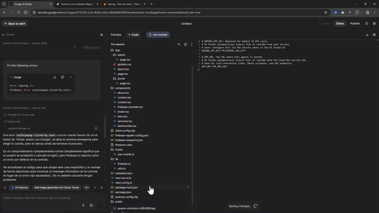 Google AI Studio guardando cambios con la imagen dentro de la carpeta public en el explorador