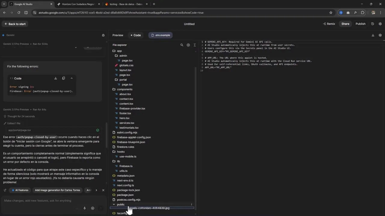 Google AI Studio mostrando una imagen subida dentro de la carpeta public en el explorador de archivos