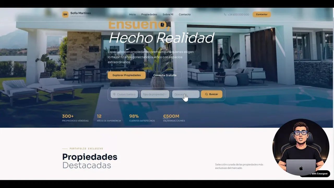 Captura del hero de la web inmobiliaria y sección “Propiedades Destacadas” en la página principal