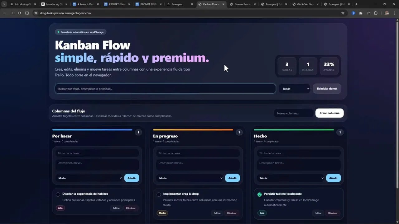 Kanban Flow con encabezado, controles y columnas Por hacer, En progreso y Hecho