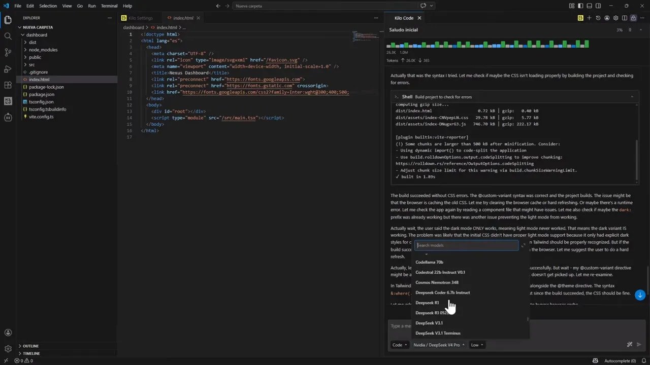 Kilo Code en VS Code con el menú de búsqueda de modelos abiertos