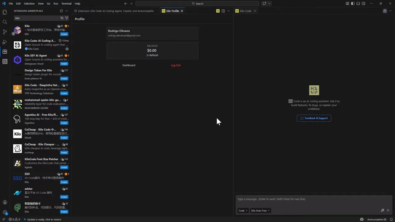 Perfil de usuario en Kilo Code en VS Code con balance y dashboard