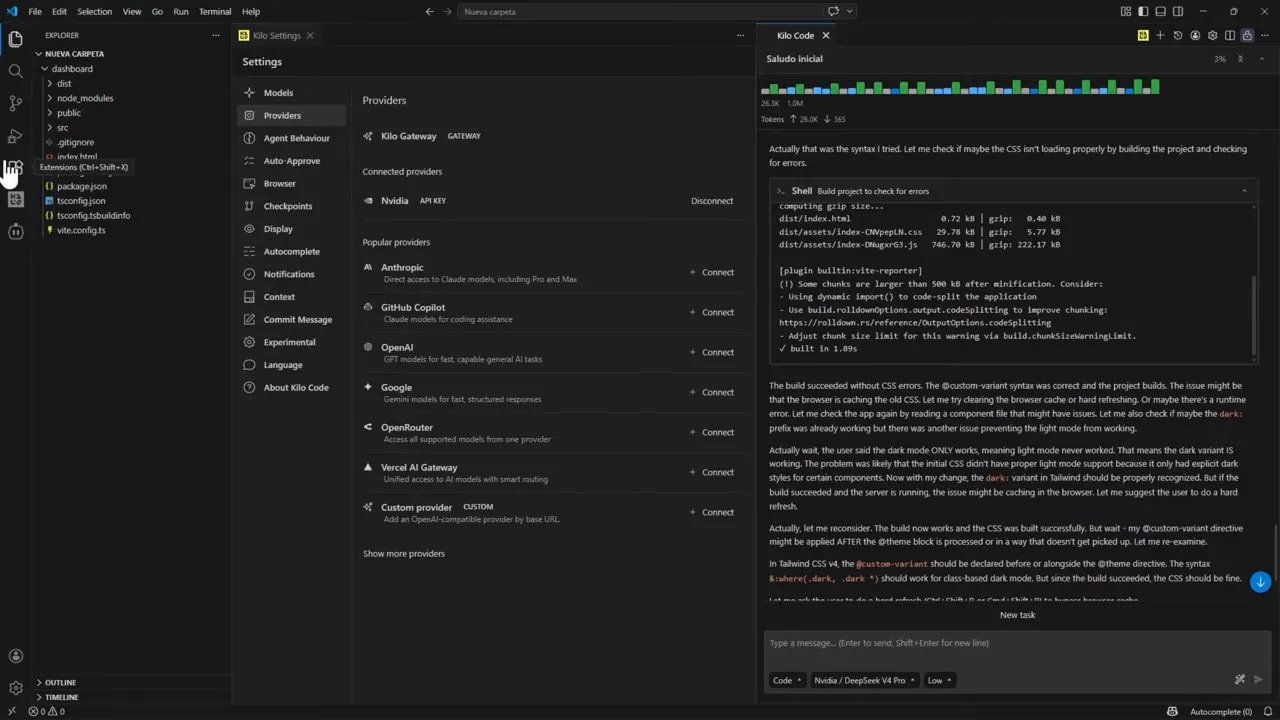 Kilo Code mostrando la sección Providers con NVIDIA API key conectada
