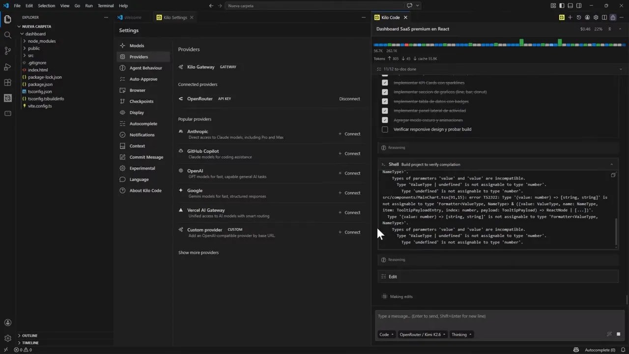 Kimi K2.6: ¿mejor que Claude Opus 4.7? Lo probé creando una app web y esto encontré 3 Kilo Code mostrando el panel de razonamiento y un error durante la compilación del dashboard React con Kimi K2.6