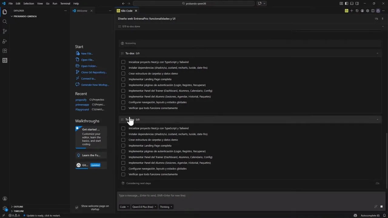 Kilo Code en VS Code mostrando tareas y plan para construir una app Next.js con QWEN 3.6 Plus