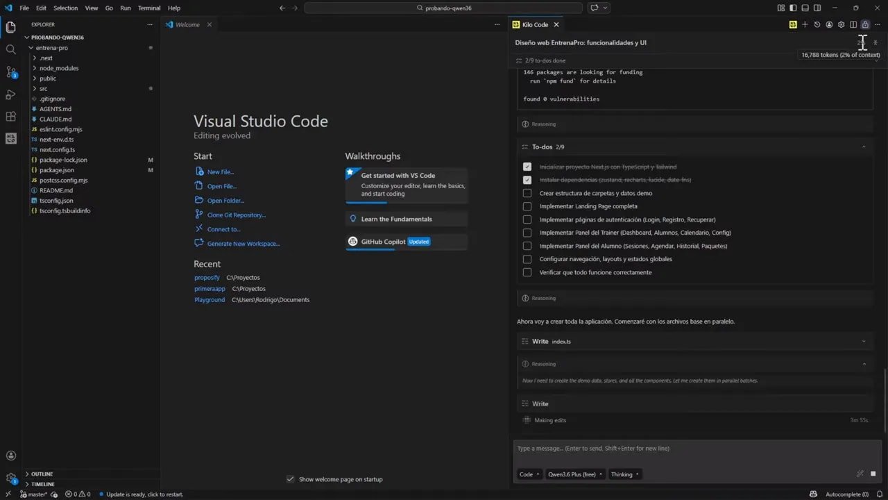 Kilo Code en Visual Studio Code mostrando el panel de tareas y próximos pasos para crear una app con QWEN 3.6 Plus