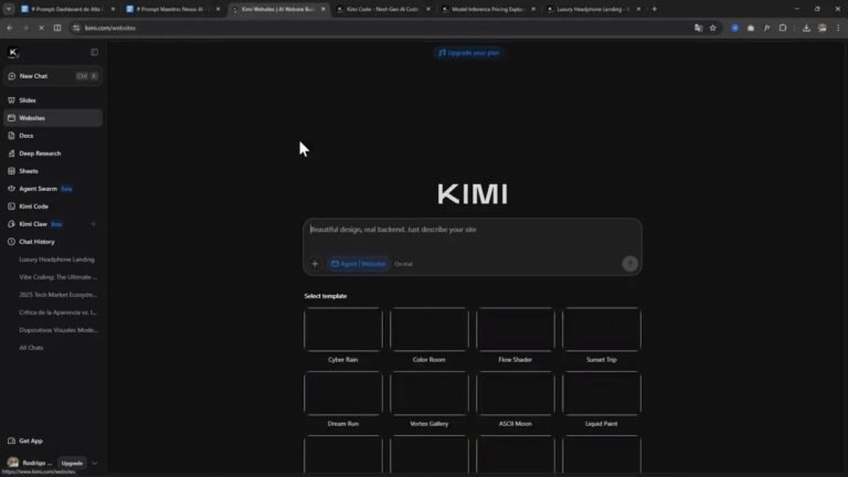 Kimi K2.6: ¿mejor que Claude Opus 4.7? Lo probé creando una app web y esto encontré 5 Interfaz de Kimi en la sección Websites mostrando plantillas de ejemplo para generar sitios