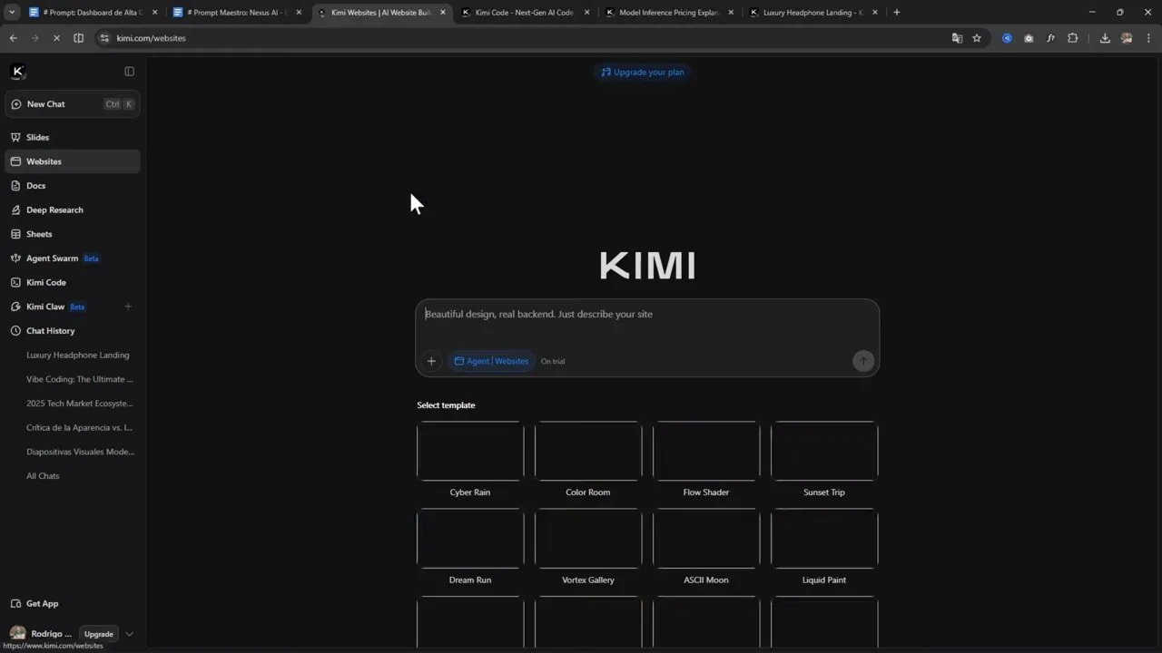 Kimi K2.6: ¿mejor que Claude Opus 4.7? Lo probé creando una app web y esto encontré 1 Interfaz de Kimi en la sección Websites mostrando plantillas de ejemplo para generar sitios