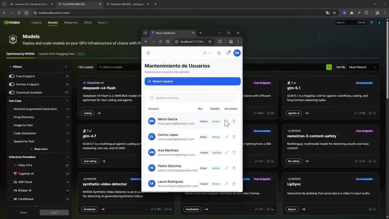 Captura de “Mantenimiento de Usuarios” mostrando tabla de usuarios y acciones desde el dashboard de la app