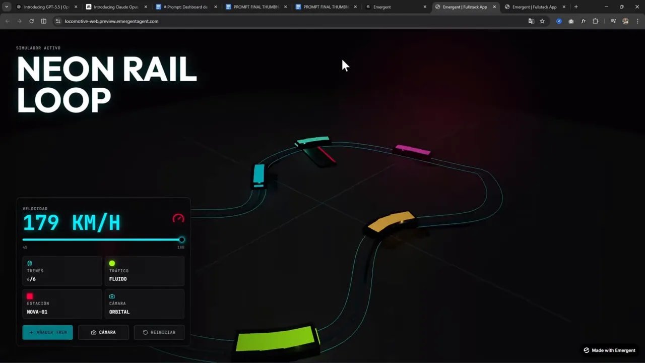 Interfaz del simulador Neon Rail con loop de trenes, panel de velocidad y controles