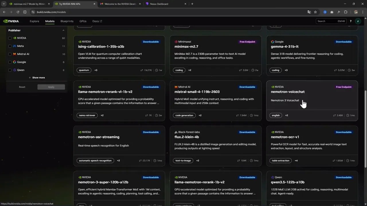 Catálogo de modelos en NVIDIA Build con tarjetas y opciones de disponibilidad como Free Endpoint y Downloadable