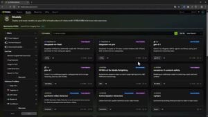 Sección Models de NVIDIA Build con filtros y tarjetas de modelos disponibles